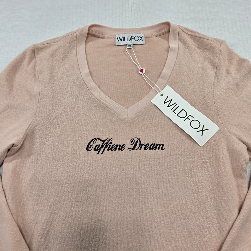 WILDFOX Blush Pink Caffiene Dream V-Neck Sweater Size XS Coquette Oversized - Picture 2 of 11